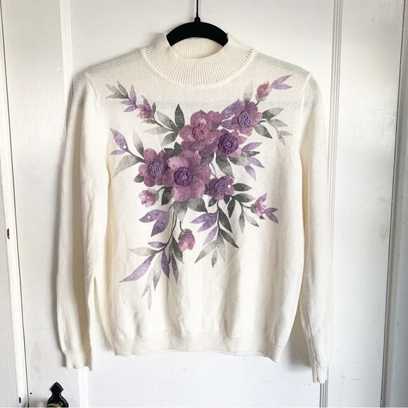 Vintage Alfred Dunner Purple Floral Wool Blend Mock Neck Sweater Sparkle Size LP - Picture 1 of 11